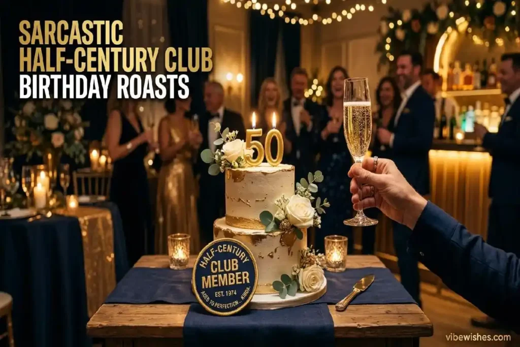 "50th birthday cake with Half-Century Club mock badge and champagne - sarcastic 50th birthday jokes"

