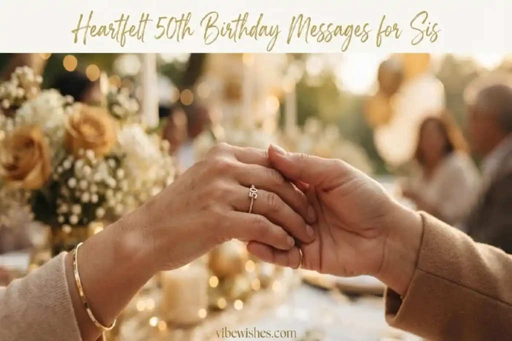 "Sisters hands clasped together in golden light - heartfelt 50th birthday wishes for sister turning 50 from the heart"
