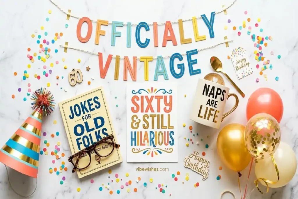  "Colorful funny 60th birthday party flatlay with playful vintage message and humorous celebration elements"