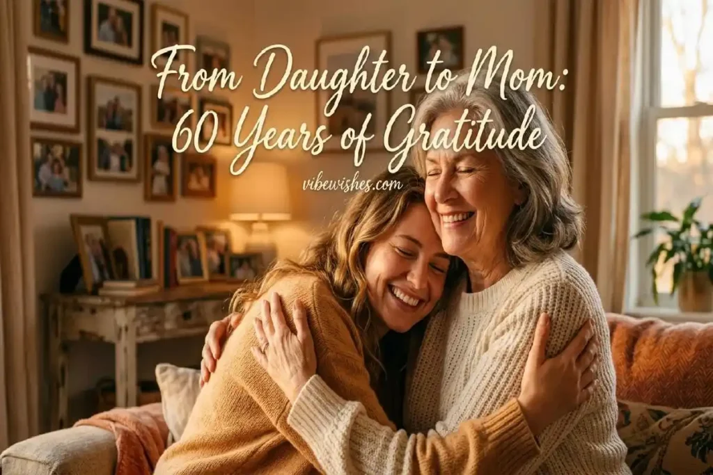 "Mother and adult daughter embracing in loving hug celebrating mom's 60th birthday milestone with gratitude and joy"