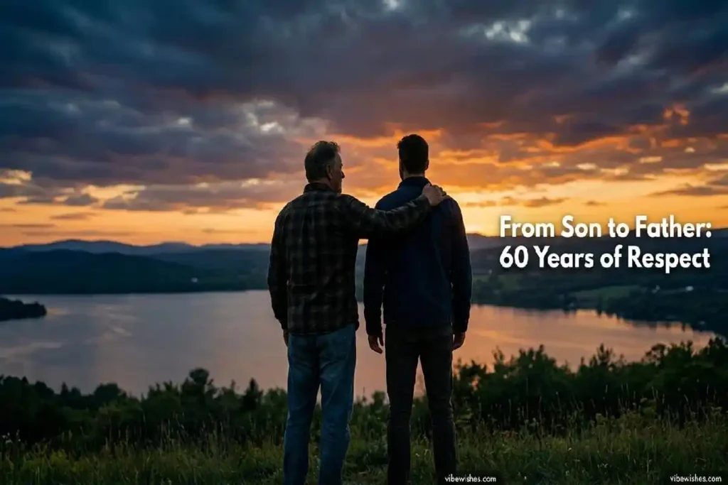 "Father and adult son standing together at sunset representing generational bond and pride on dad's 60th birthday"