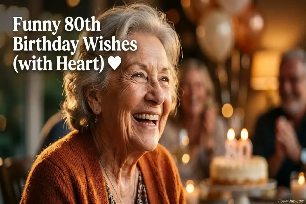 "Joyful elderly person laughing representing funny yet heartfelt 80th birthday wishes and celebration"