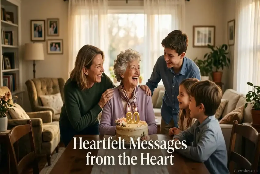 "Happy 80-year-old mother laughing with family during heartfelt 80th birthday celebration with cake and candles"