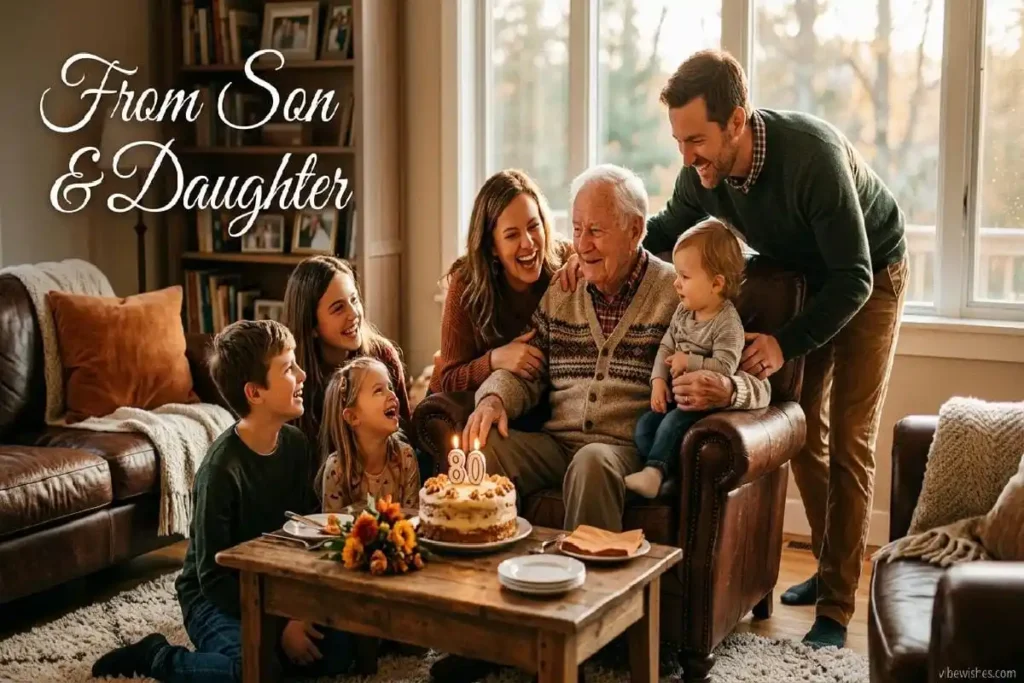"Happy 80-year-old father laughing with adult children and grandchildren during heartfelt multigenerational 80th birthday celebration"