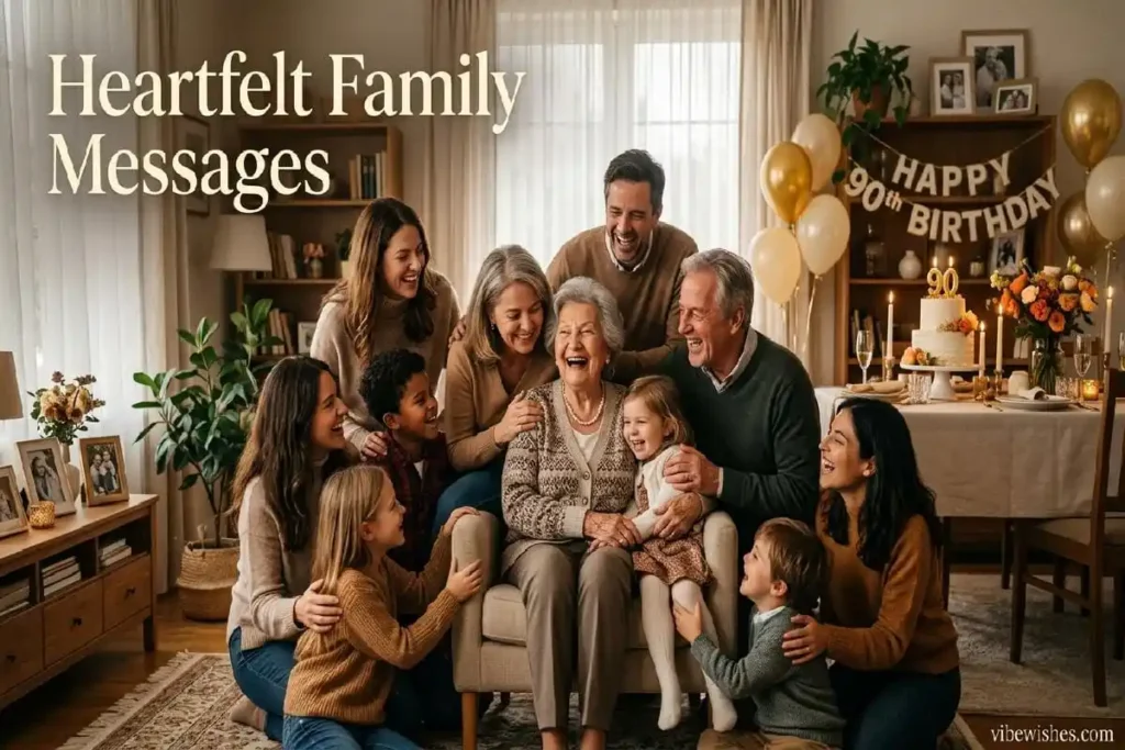 "Happy 90-year-old surrounded by loving multigenerational family during heartfelt 90th birthday celebration with cake and genuine joy"