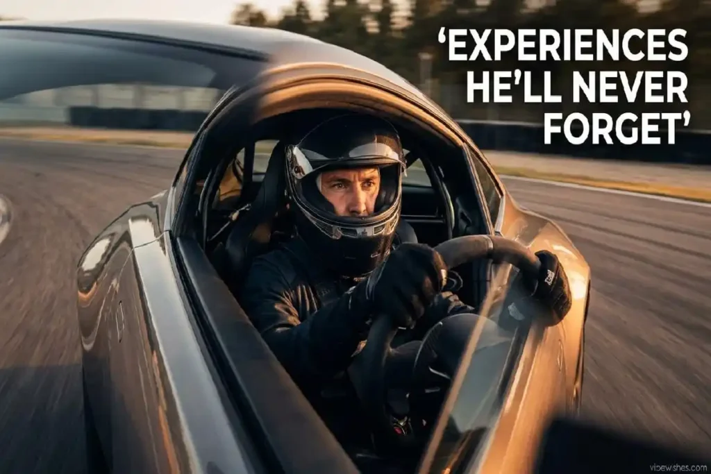 "Man driving sports car on race track representing experience-based 50th birthday gift ideas for him and unique milestone presents"