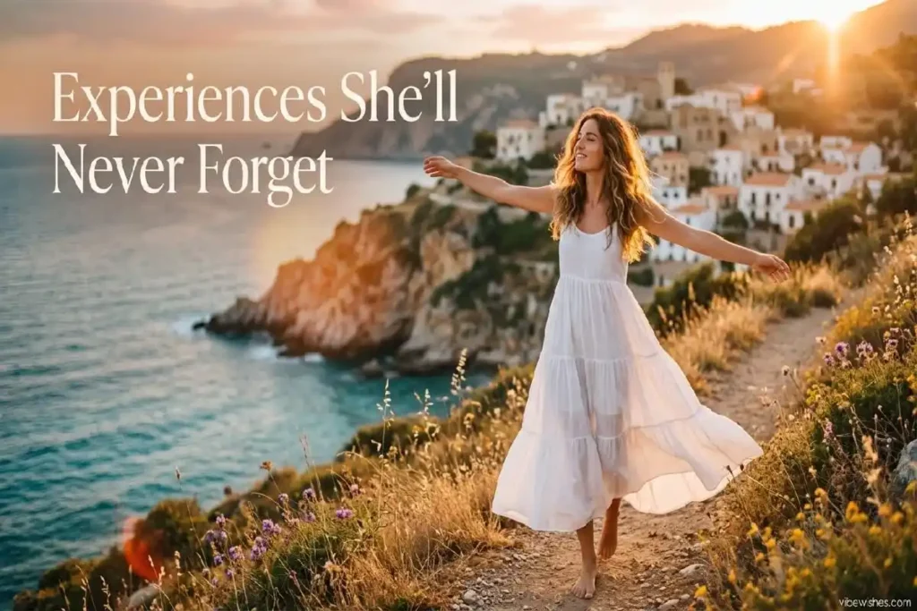 "Woman celebrating freedom on coastal vacation representing experience-based 30th birthday gift ideas for her"