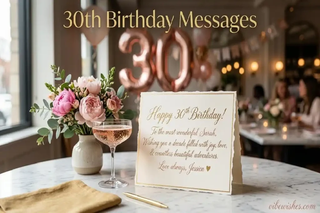 "Elegant 30th birthday card with handwritten message and rose gold decorations showing what to write for turning 30"