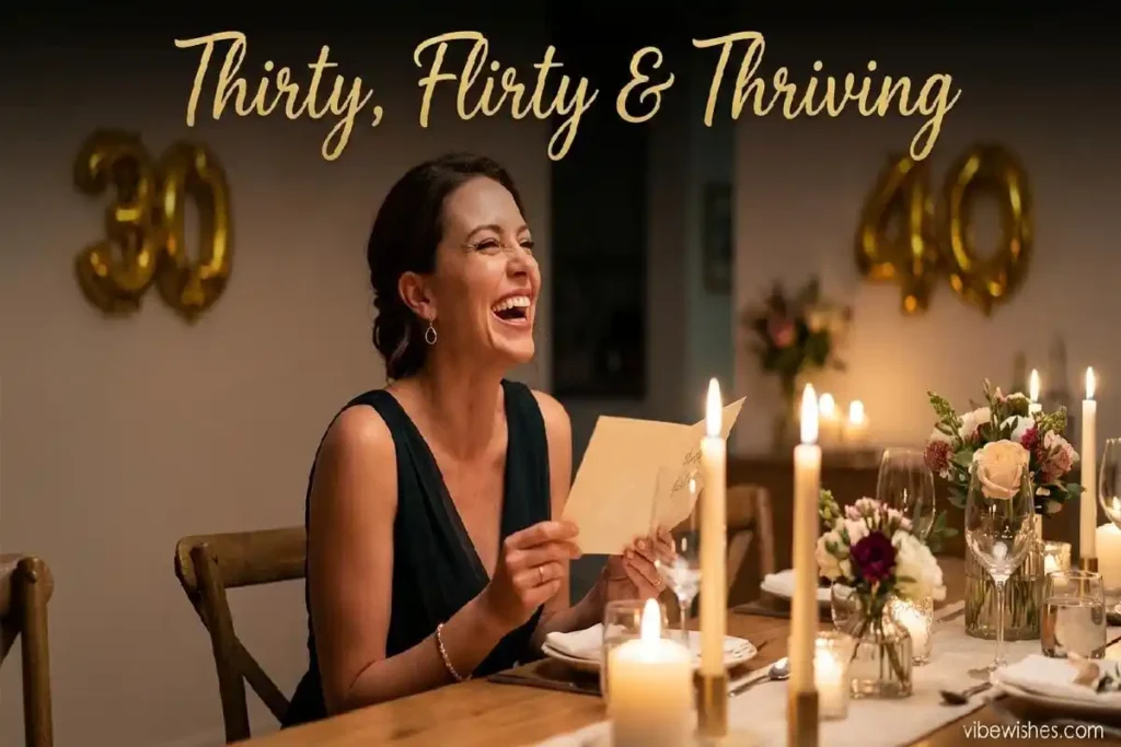 Adult celebrating 30th and 40th birthday milestone with card and candlelight dinner setting