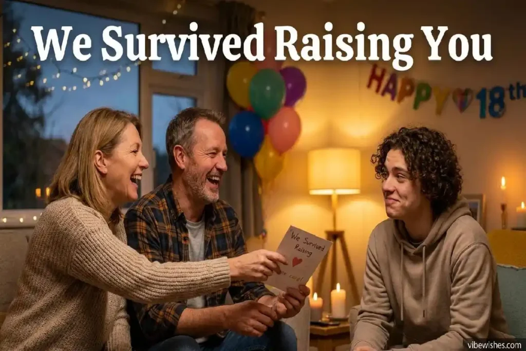"Parents laughing while giving birthday card showing humorous 18th birthday messages from parents"