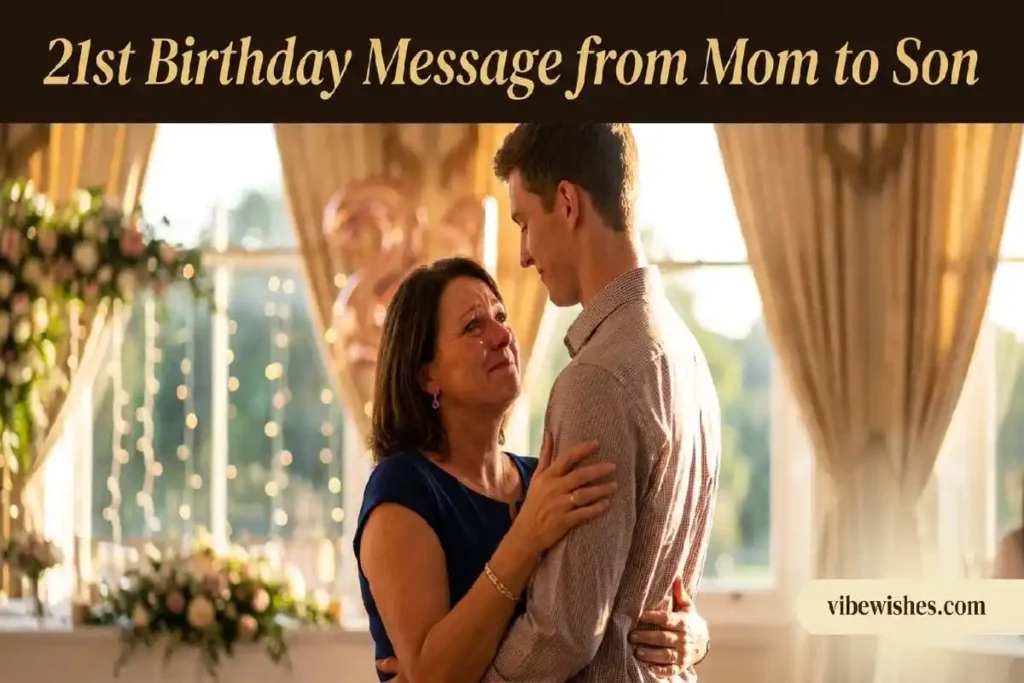 Mother embracing adult son on 21st birthday with emotional pride and love