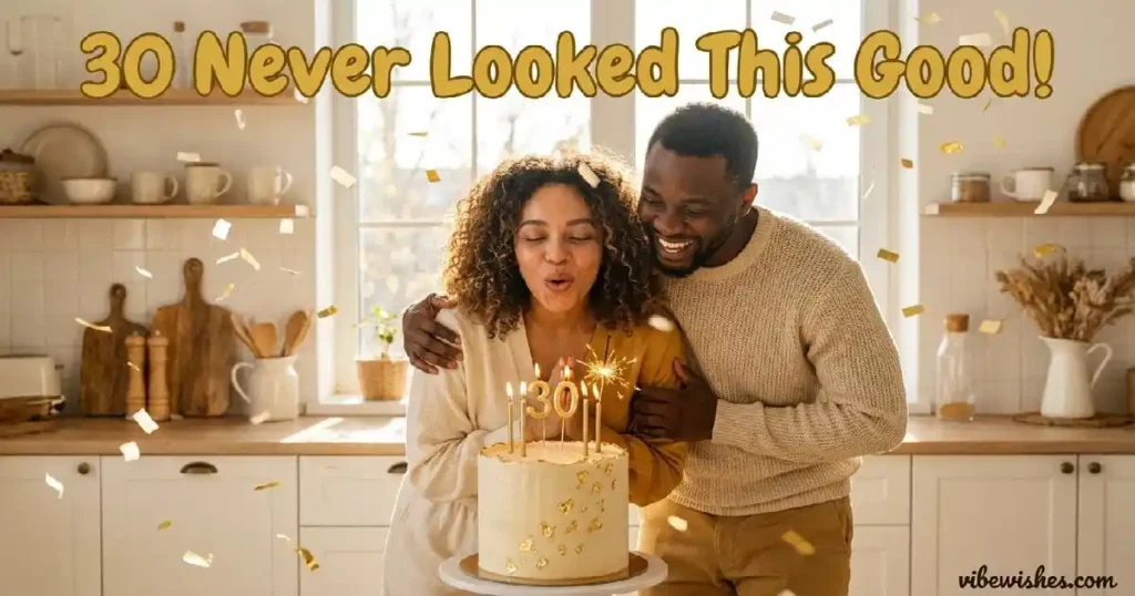 Funny 30th birthday wishes for wife — couple laughing and celebrating her 30th birthday