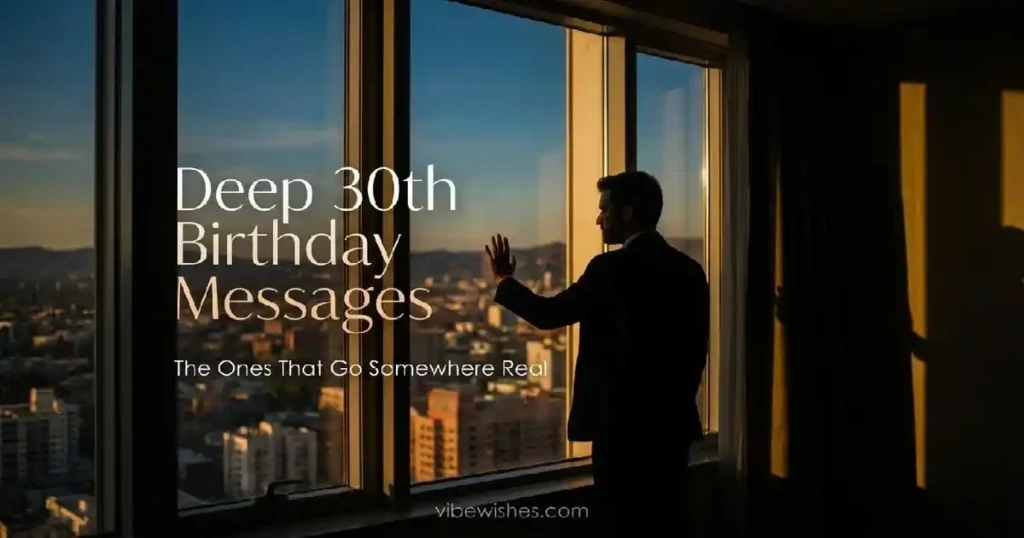 "Man standing by window in contemplative pose at golden hour - deep emotional 30th birthday messages for husband"