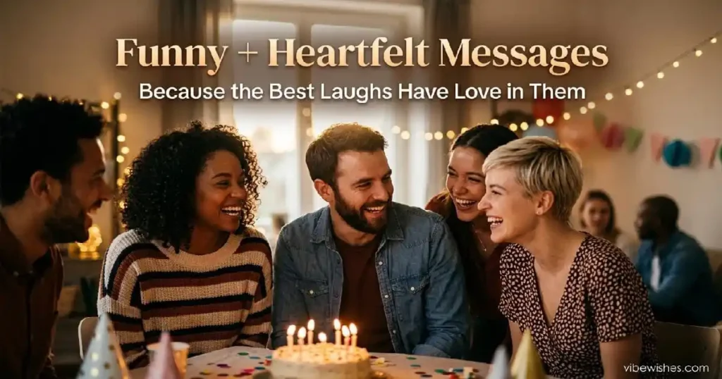 "Friends laughing together at 30th birthday party - funny but heartfelt birthday wishes with genuine warmth and humor"