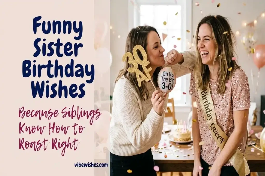 "Sisters laughing together with 30 AF party props - funny birthday wishes for sister turning 30 with humor and love"
