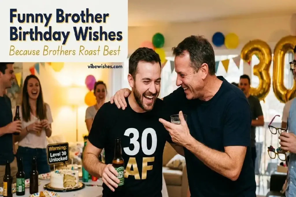 "Brothers laughing together with funny 30 AF party props - funny birthday wishes for brother turning 30 with humor"