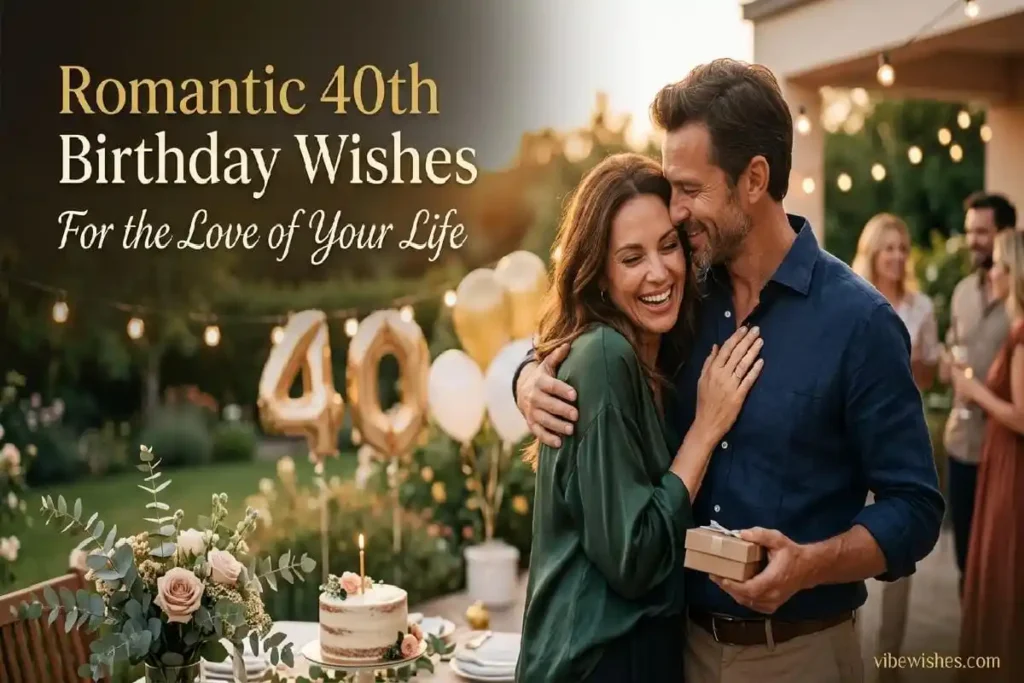 "Couple embracing at romantic 40th birthday celebration - loving romantic birthday wishes for partner turning forty"
