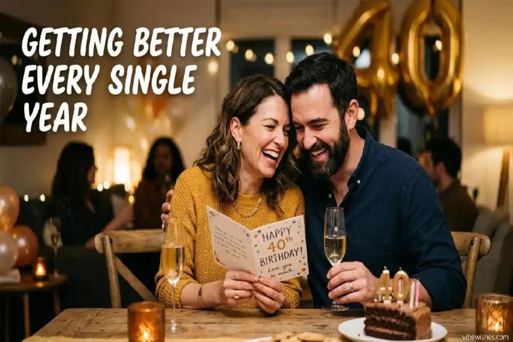 "Woman laughing celebrating 40th birthday with champagne - funny birthday wishes for wife turning 40"
