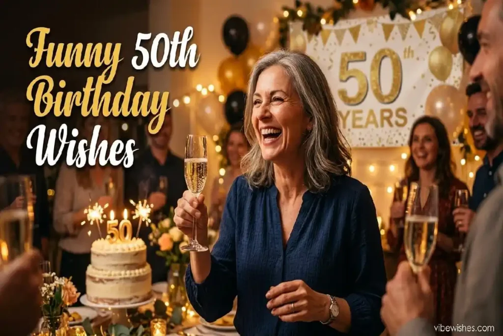 "Person laughing joyfully at 50th birthday party with champagne - funny witty 50th birthday wishes"
