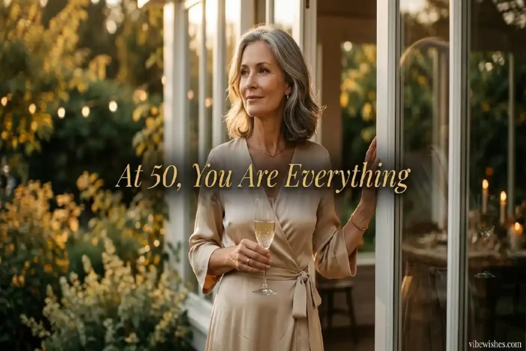 `deep meaningful 50th birthday message for wife — woman standing in golden light looking peaceful and radiant at fifty