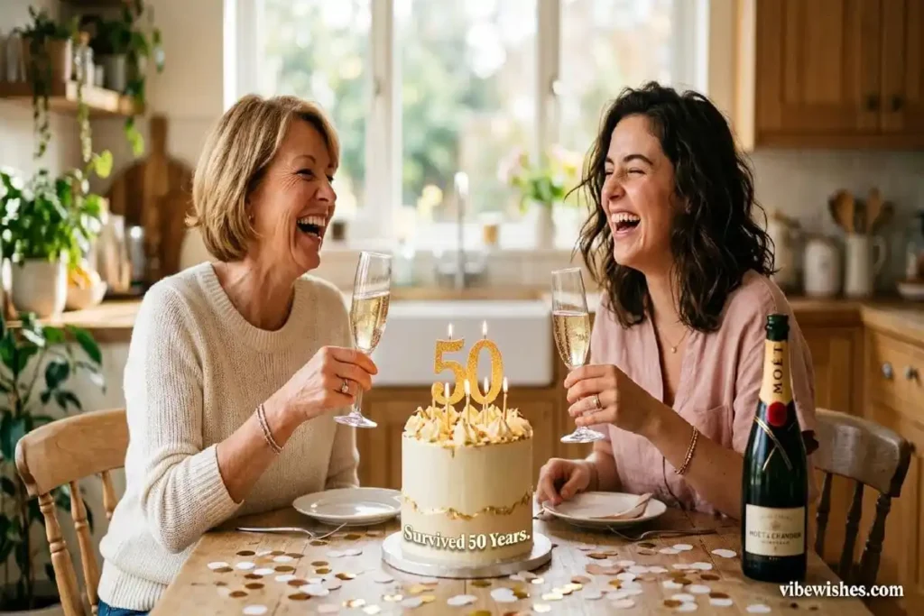 funny 50th birthday wishes for mom — mother and daughter laughing together at golden birthday celebration with cake