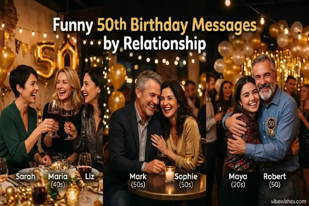"Different relationships celebrating 50th birthday together - funny turning 50 birthday messages by relationship"
