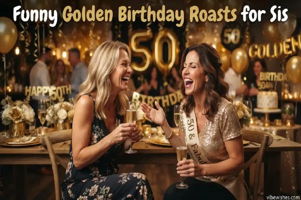 "Adult sisters laughing together at 50th golden birthday party - funny 50th birthday wishes for sis golden roasts"
