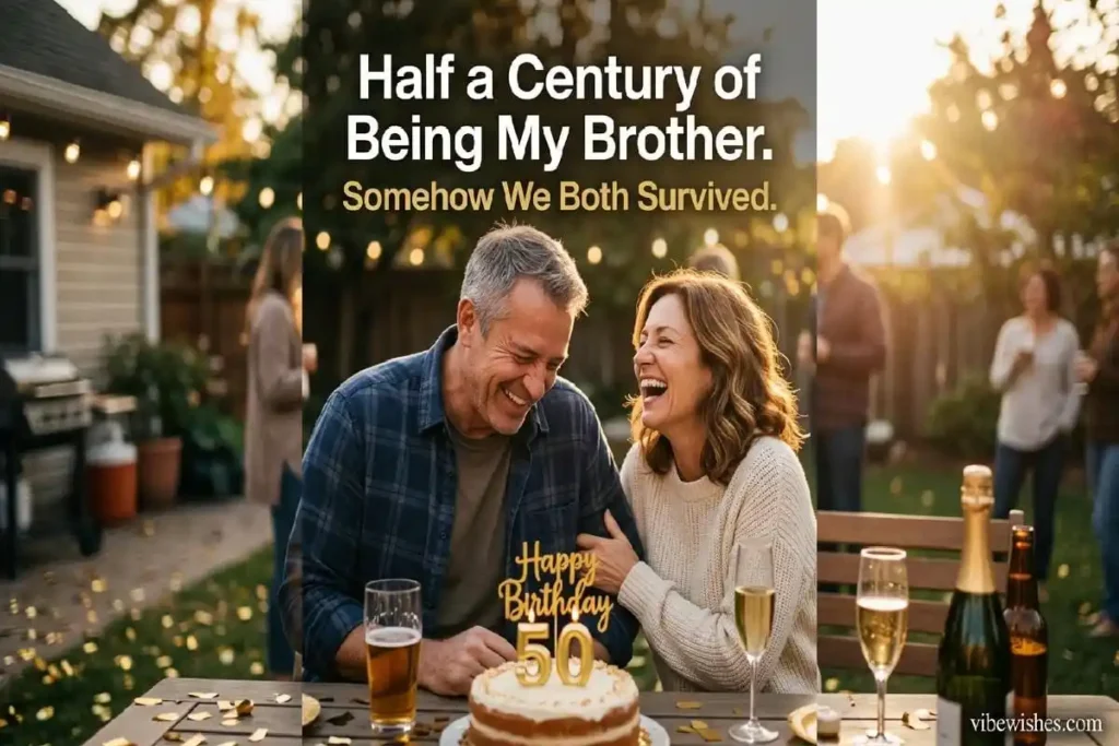funny 50th birthday wishes for brother — siblings laughing together at his half-century birthday celebration