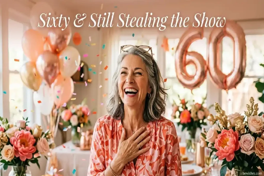 "Elegant mom in her 60s laughing joyfully at birthday celebration with rose gold balloons and confetti"
