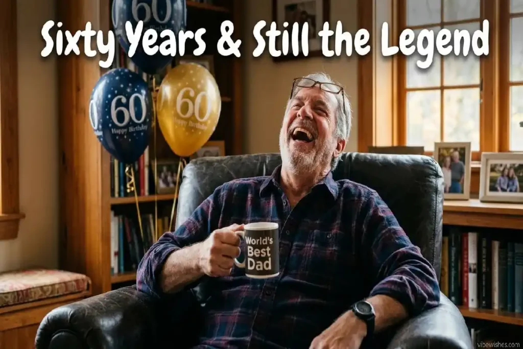"Dad in his 60s laughing genuinely at birthday celebration representing humor, vitality, and legendary status"