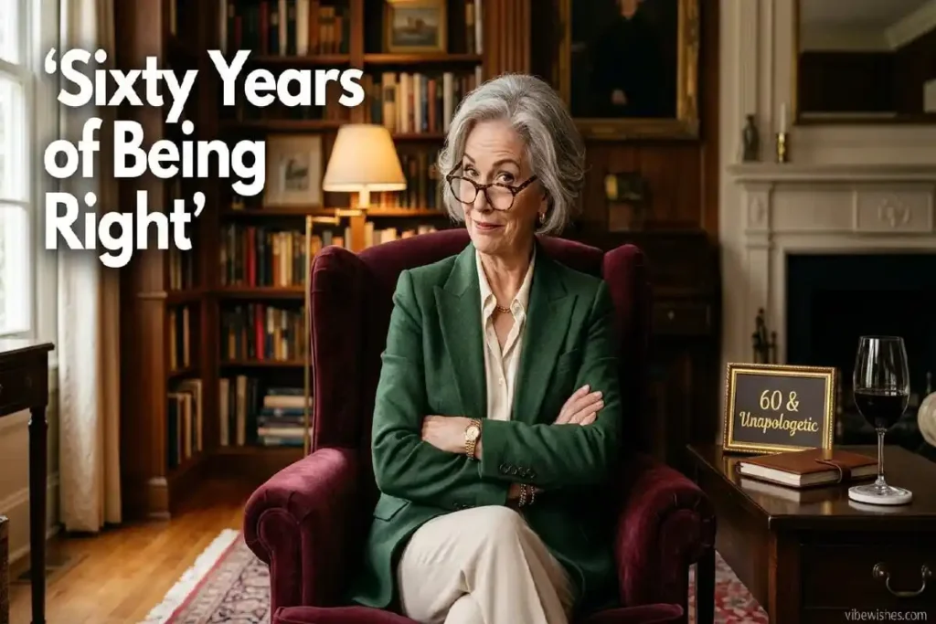 "Sophisticated person in their 60s with sarcastic expression representing witty humor and earned confidence at sixty"