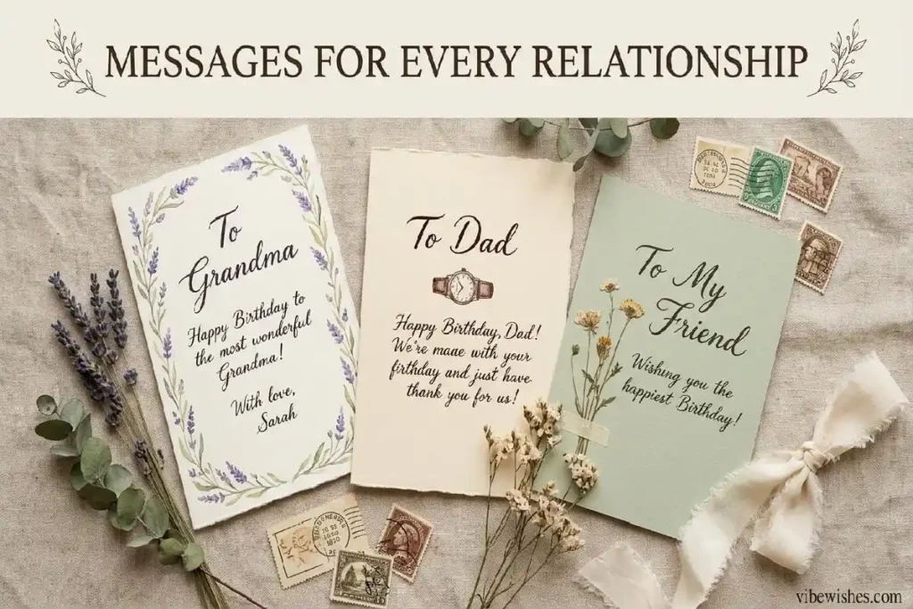 "Three personalized 80th birthday cards for grandparent, parent, and friend showing relationship-specific wishes"