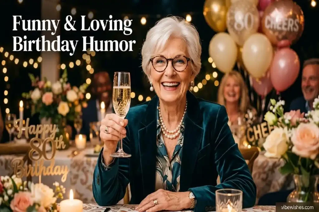 "Elegant 80-year-old mother with playful smile celebrating her 80th birthday with champagne, representing funny yet loving birthday wishes"