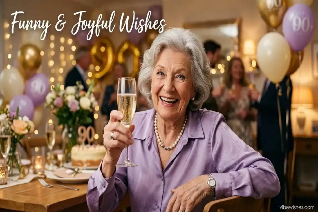 "Joyful 90-year-old with sparkling smile toasting with champagne during 90th birthday celebration, representing funny yet warm birthday wishes"