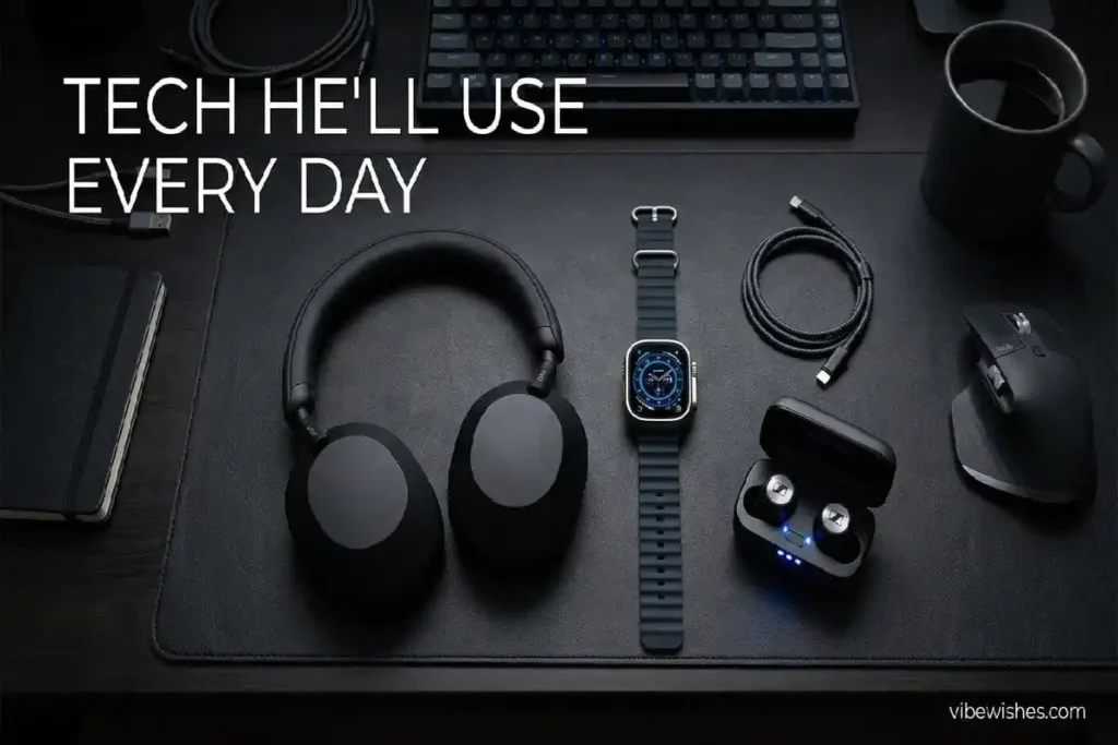 Premium tech gadgets including headphones and smartwatch as practical 40th birthday gifts for men