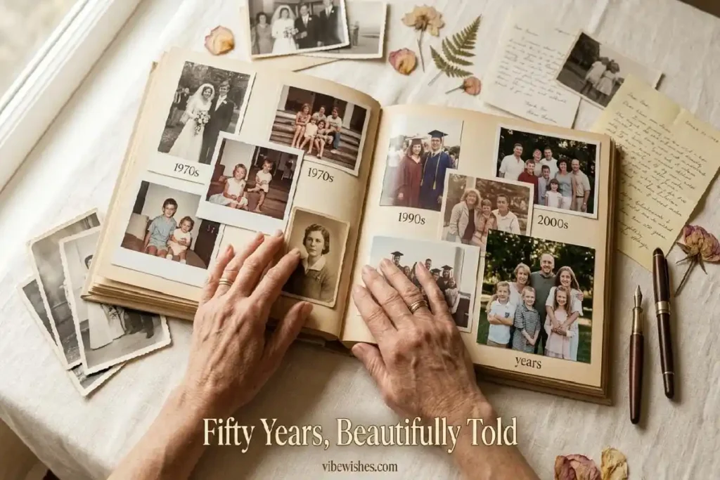 Custom memory photo book spanning 50 years with vintage photographs as meaningful personalized birthday gift