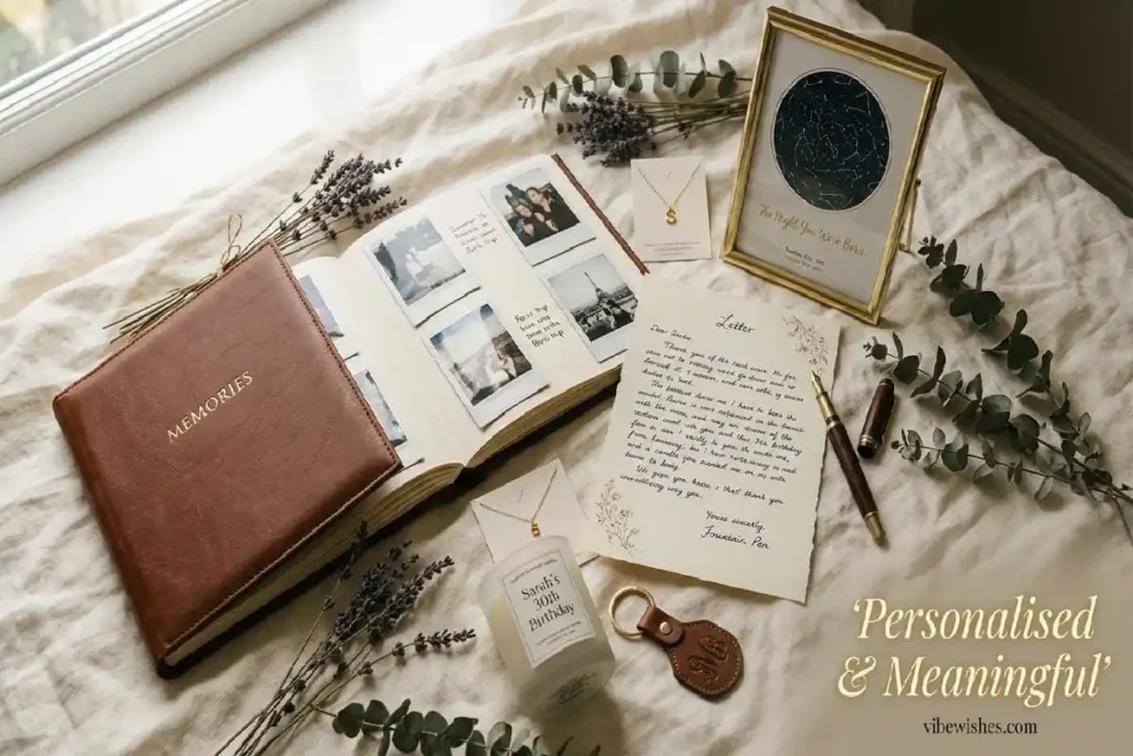 "Personalized 30th birthday gifts including custom photo album and letter representing meaningful presents for best friend turning 30"