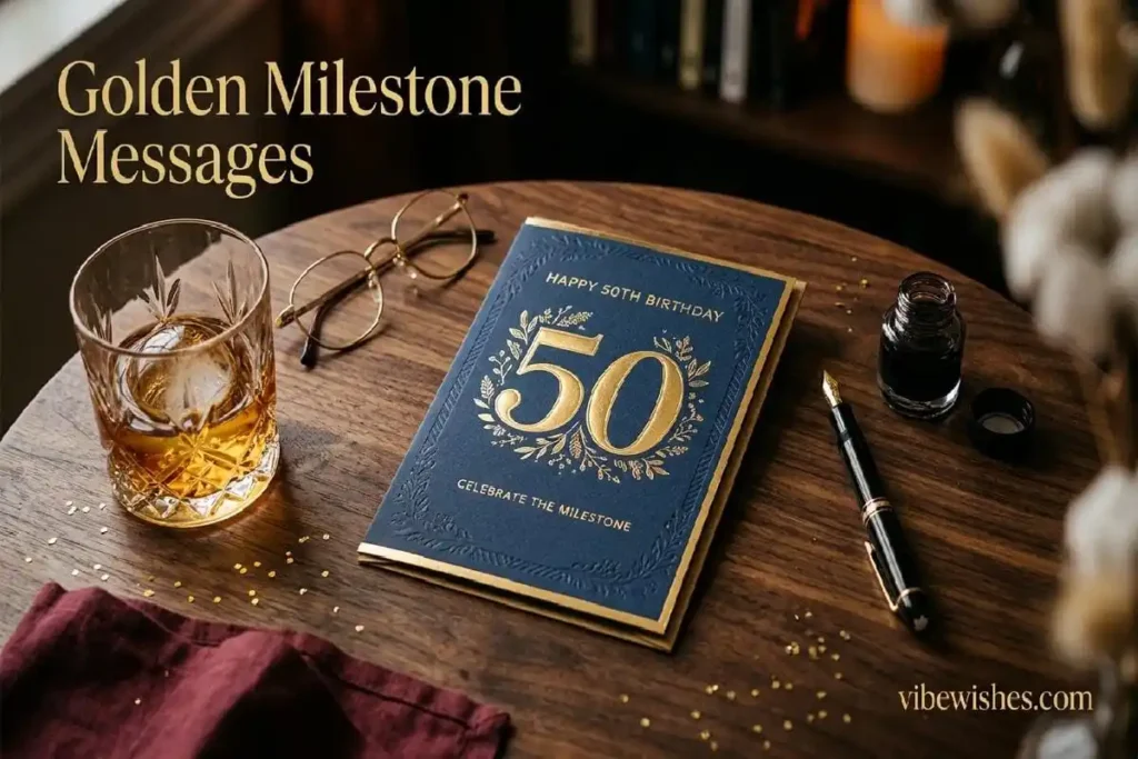 "Luxury 50th birthday card with gold embossing showing what to write for golden milestone half-century birthday"