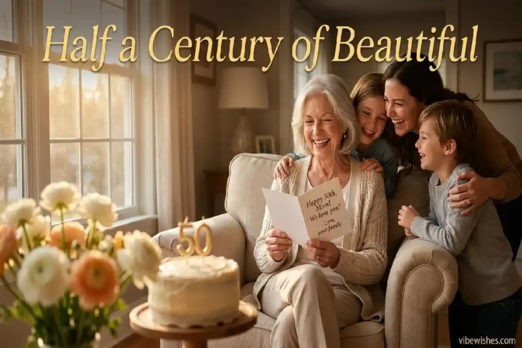 Older adult reading heartfelt birthday card surrounded by family celebrating 50th and 60th milestone birthday