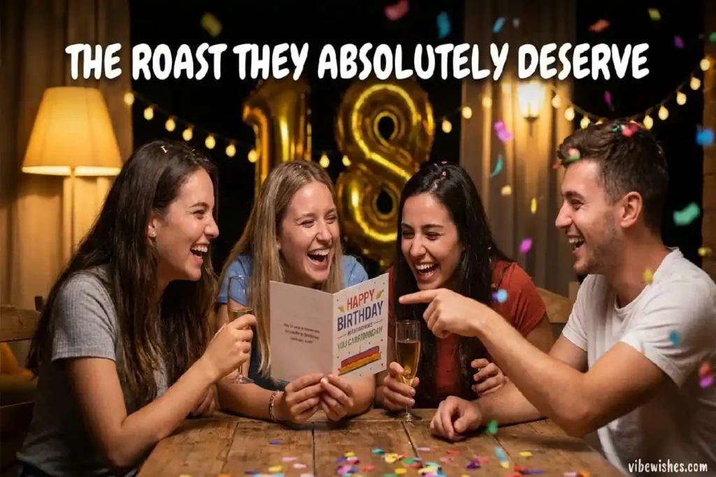 "Friends laughing and toasting at 18th birthday showing funny birthday wishes from best friends"