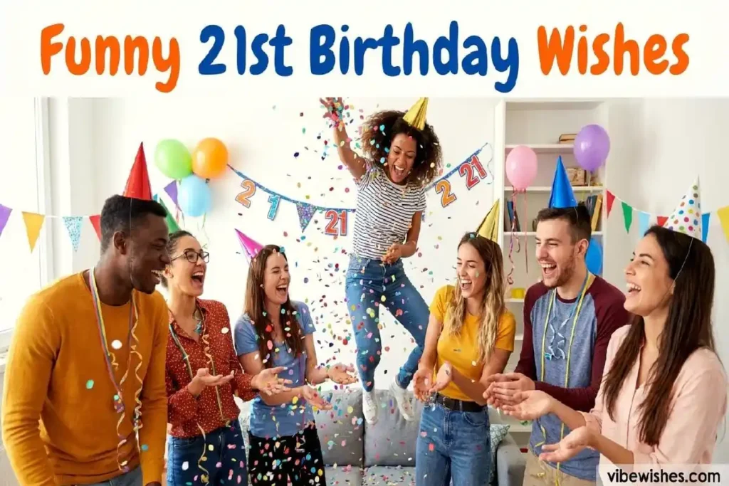 Friends laughing at fun 21st birthday party with confetti