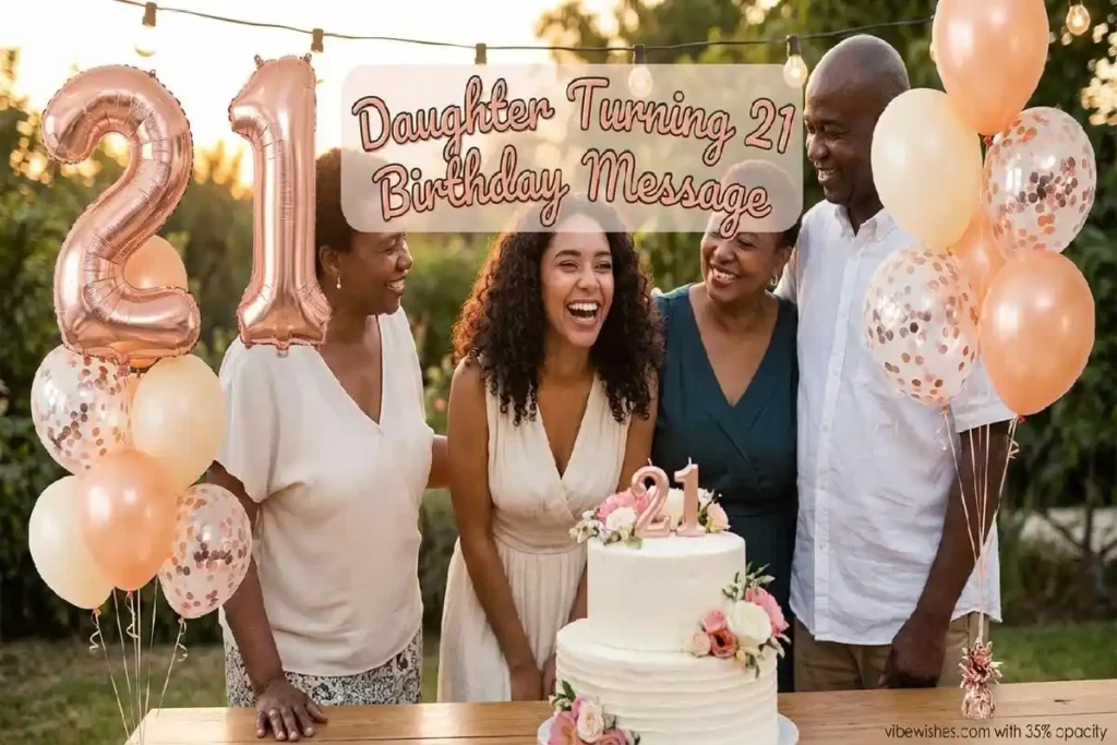 Joyful daughter celebrating 21st birthday with family and rose gold decorations