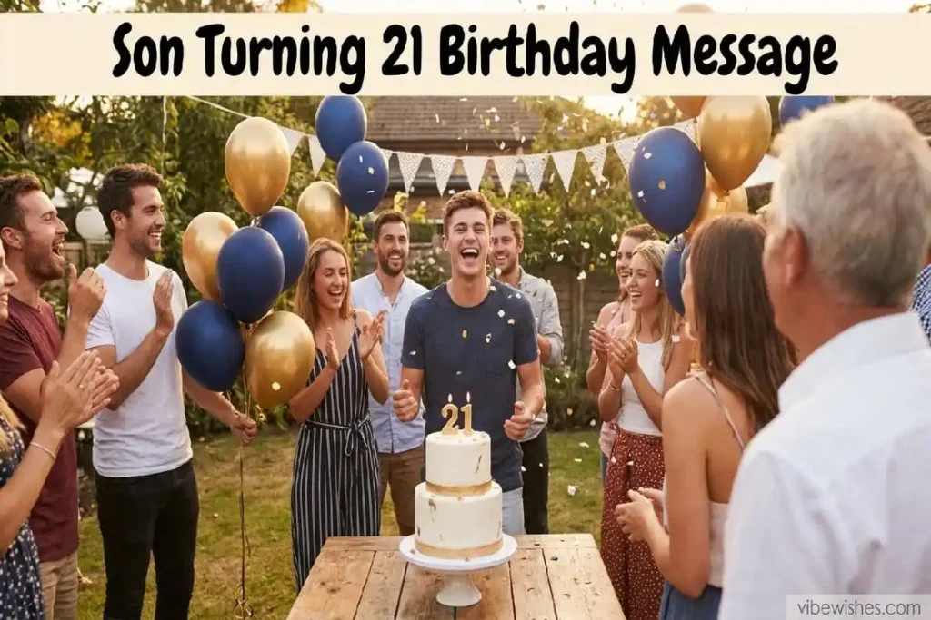 Joyful son celebrating 21st birthday with family and navy gold decorations