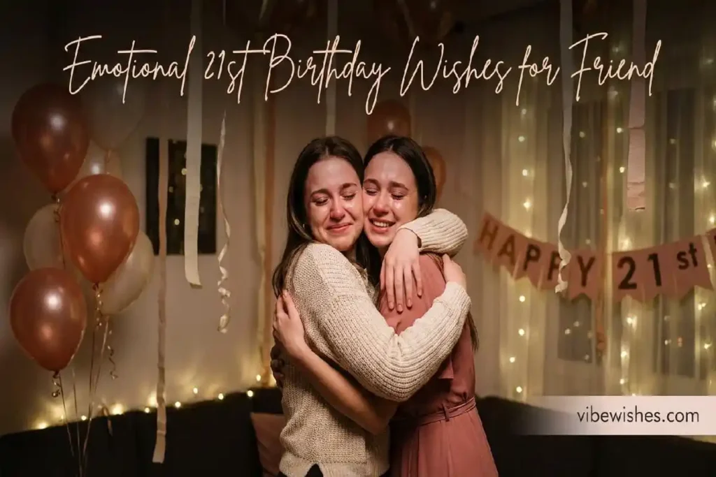 Best friends hugging with happy tears at emotional 21st birthday celebration