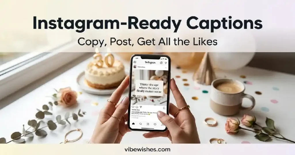 "Phone showing funny 30th birthday Instagram caption - witty birthday captions ready to copy and post for turning thirty"