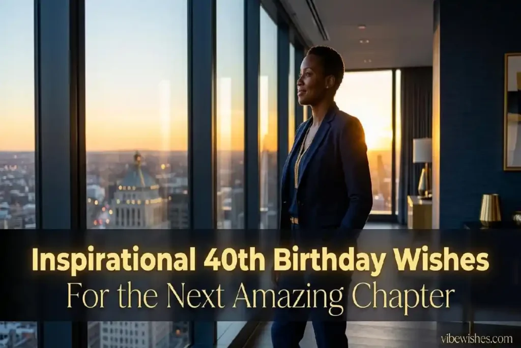 "Confident person at 40 looking toward future at sunrise - inspirational motivational birthday wishes for new decade"
