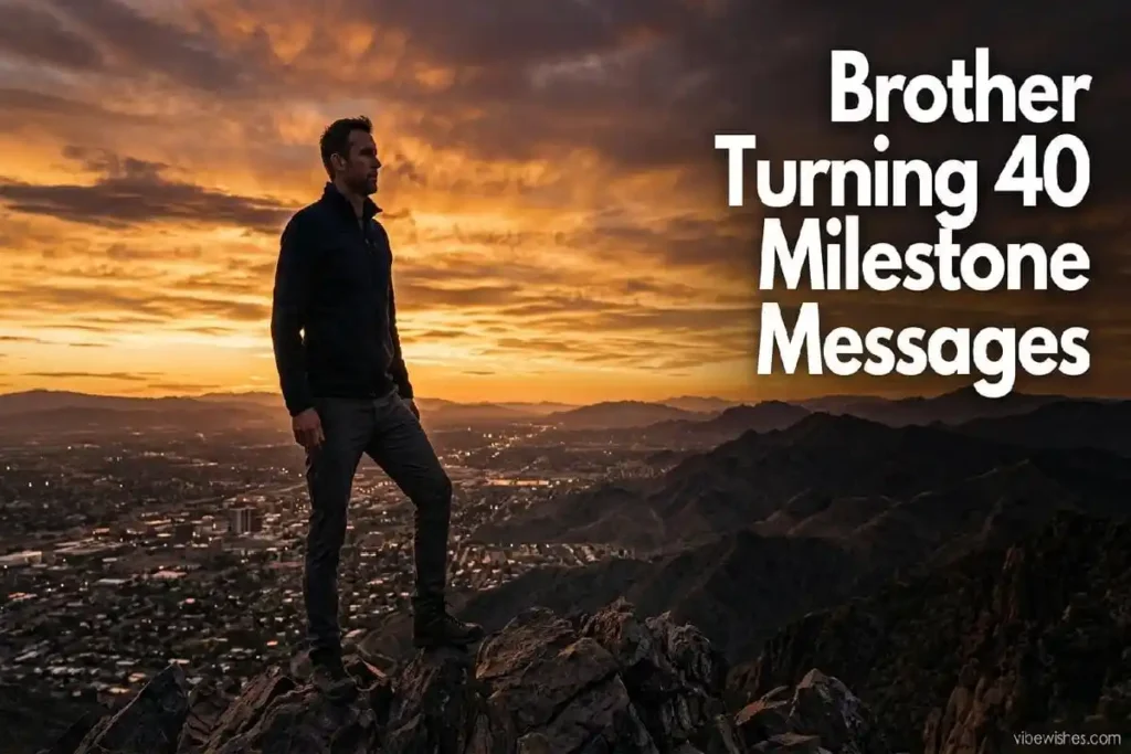 "Confident man at 40 standing at milestone peak - proud brother turning 40 birthday messages"

