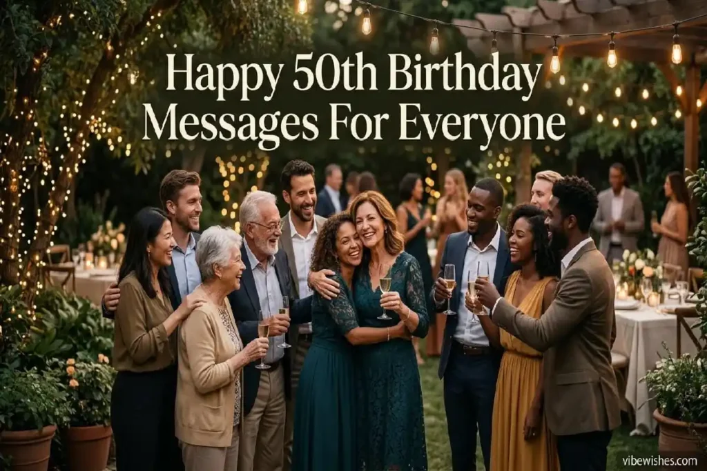 "Diverse group celebrating 50th birthday together - happy 50th birthday messages for every relationship"
