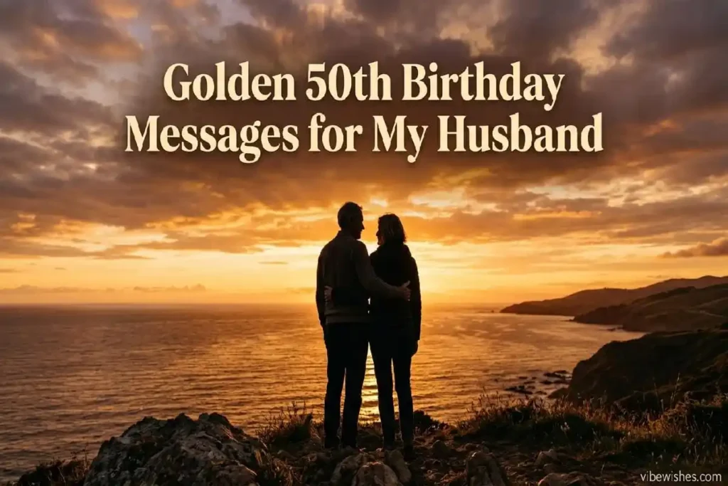 short 50th birthday wishes for mom — phone with heartfelt birthday message on golden celebration background