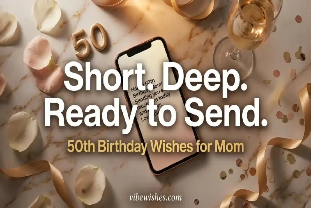 `short 50th birthday wishes for mom — phone with heartfelt birthday message on golden celebration background